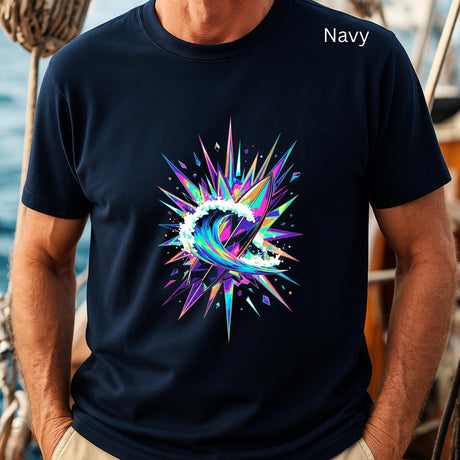 Navy t-shirt with a colorful abstract design worn by a person on a boat.