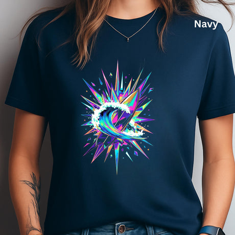 Navy t-shirt with a colorful abstract design on a plain background