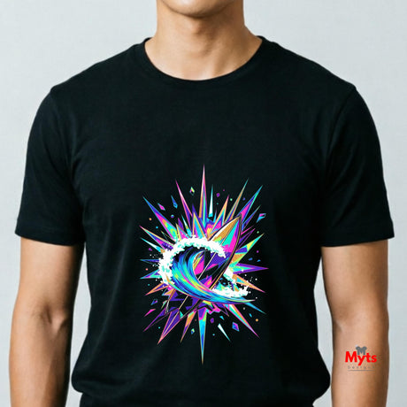 Black t-shirt with a colorful abstract design on a plain background