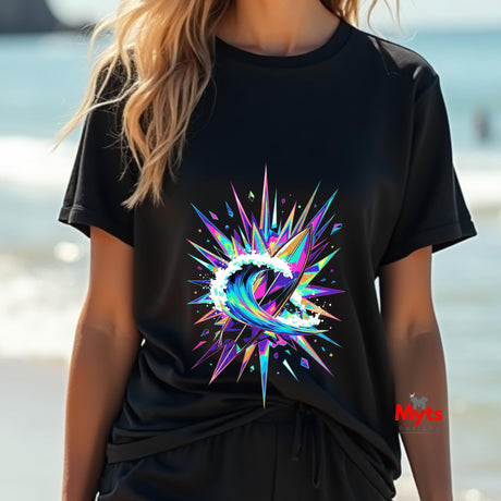 Person wearing a black t-shirt with a colorful abstract design on a blurred beach background