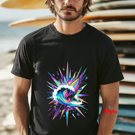 Man wearing a black t-shirt with a colorful abstract design, standing outdoors.