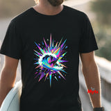 Person wearing a black t-shirt with a colorful abstract design, standing outdoors.