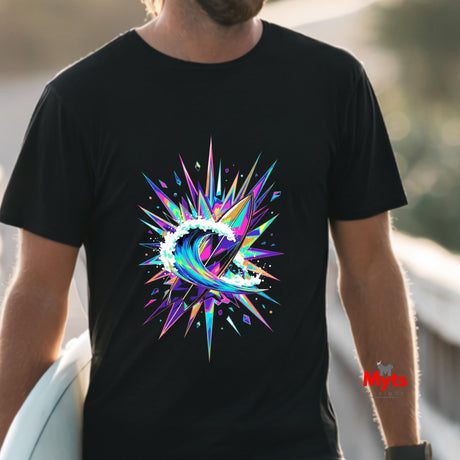 Person wearing a black t-shirt with a colorful abstract design, standing outdoors.