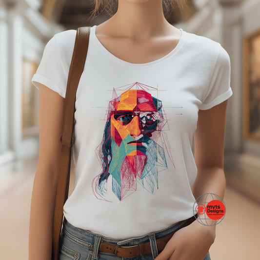 Woman wearing a black cotton t-shirt featuring a colorful geometric illustration of Leonardo Da Vinci’s face, composed of bold lines, triangles, and vivid color blocks, representing modern cubism. The background suggests an art gallery.