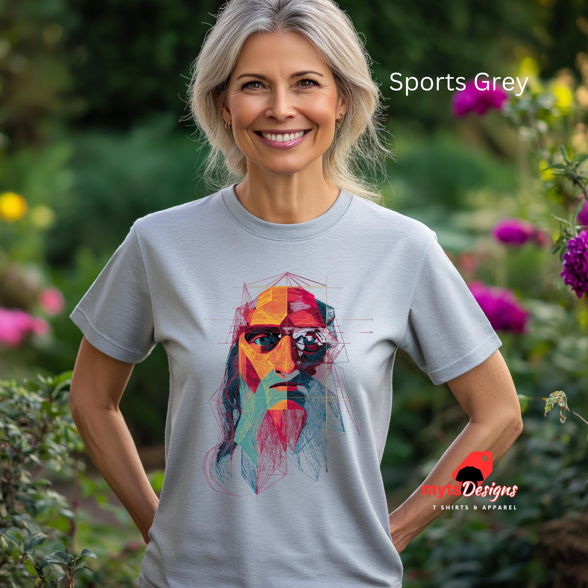 Woman wearing a t-shirt with a colorful graphic design in a garden setting