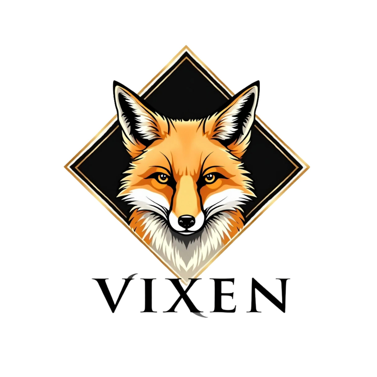 Logo with a fox face and the word 'Vixen' on a black background