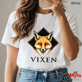 Person wearing a white t-shirt with a fox graphic and 'Vixen' text, holding a phone.