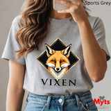 Person wearing a gray t-shirt with a fox graphic and 'VIXEN' text, holding a phone.