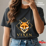 Person wearing a dark Heather t-shirt with a fox graphic and 'Vixen' text, holding a phone.
