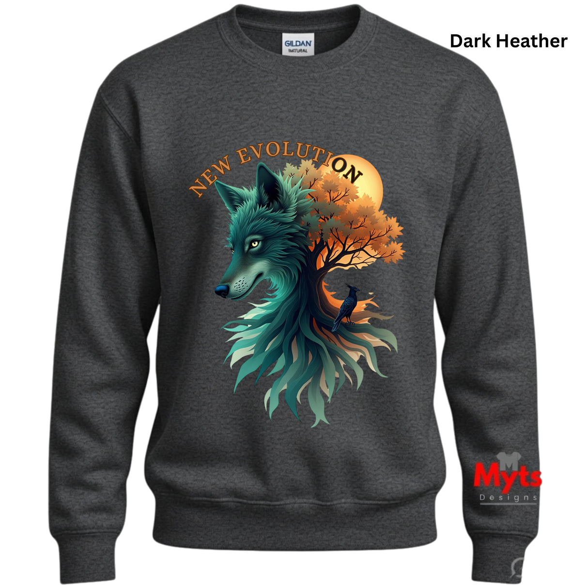 A dark heather gray crewneck sweatshirt featuring a graphic print of a wolf's head merging with a tree and a bird, with the text 'NEW EVOLUTION' arched above. The Gildan brand tag is visible inside the collar, and a 'Myts Designs' watermark is on the lower right sleeve.