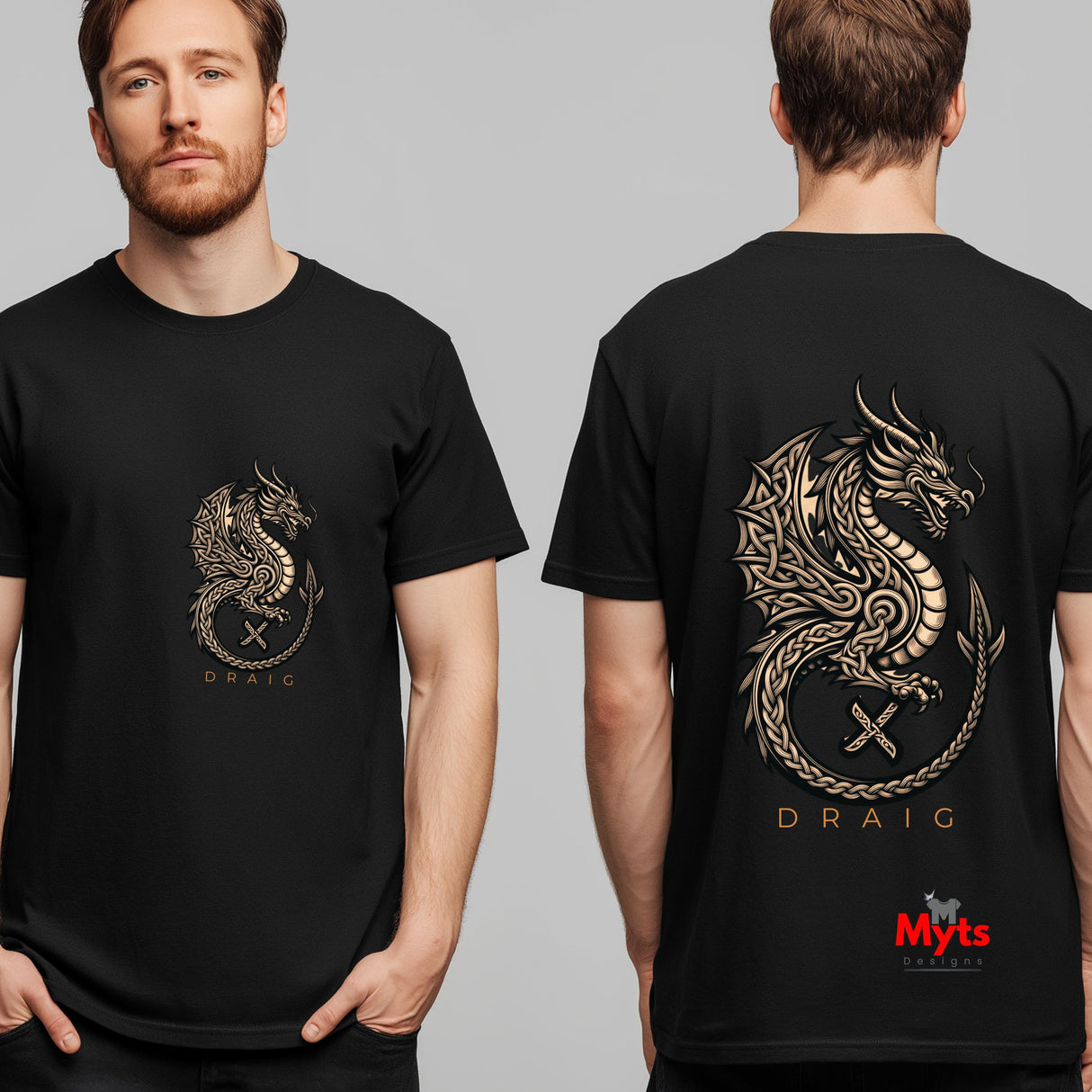 A man shown from the front and back wearing a black short-sleeve T-shirt with a large gold dragon graphic and the word 'DRAIG' on the chest and back. A red 'Myts' logo appears in the bottom right corner.