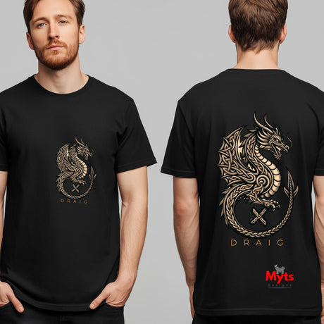 A man shown from the front and back wearing a black short-sleeve T-shirt with a large gold dragon graphic and the word 'DRAIG' on the chest and back. A red 'Myts' logo appears in the bottom right corner.
