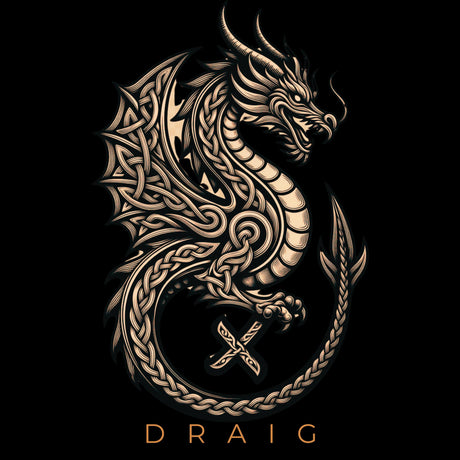 A stylized metallic gold dragon illustration on a black background, with the word "DRAIG" below it in matching gold lettering.