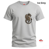 An ice grey short-sleeve crewneck t-shirt featuring a detailed black and gold dragon graphic on the chest. The brand name 'Myts' is visible on the inner neck label and as a logo watermark in the bottom right corner.