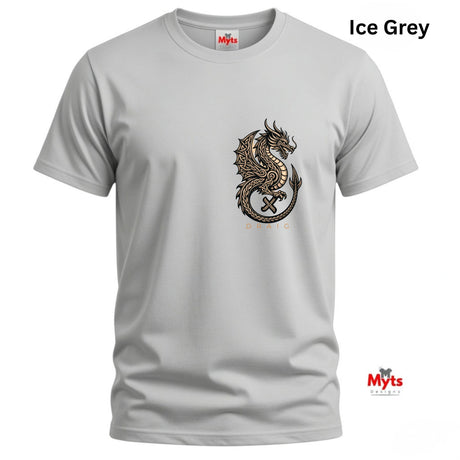 An ice grey short-sleeve crewneck t-shirt featuring a detailed black and gold dragon graphic on the chest. The brand name 'Myts' is visible on the inner neck label and as a logo watermark in the bottom right corner.