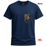 A navy blue short-sleeve t-shirt with a gold dragon graphic on the chest, labeled as 'Navy' in the top right corner. The brand 'Myts' is visible on the inner neck label and as a watermark in the bottom right corner.