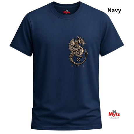 A navy blue short-sleeve t-shirt with a gold dragon graphic on the chest, labeled as 'Navy' in the top right corner. The brand 'Myts' is visible on the inner neck label and as a watermark in the bottom right corner.