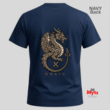 Back view of a navy blue t-shirt featuring a large gold Celtic dragon graphic with the name 'DRAIG' underneath, shown on a light gray background with 'NAVY Back' text in the top right and a 'Myts Designs' logo in the bottom right.