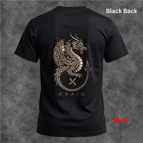 Black short-sleeve t-shirt shown from the back with a large gold dragon graphic and the word 'DRAIC' printed below it, on a textured gray background. White text in the top right reads 'Black Back' and there is a small red 'Myts' logo in the bottom right.