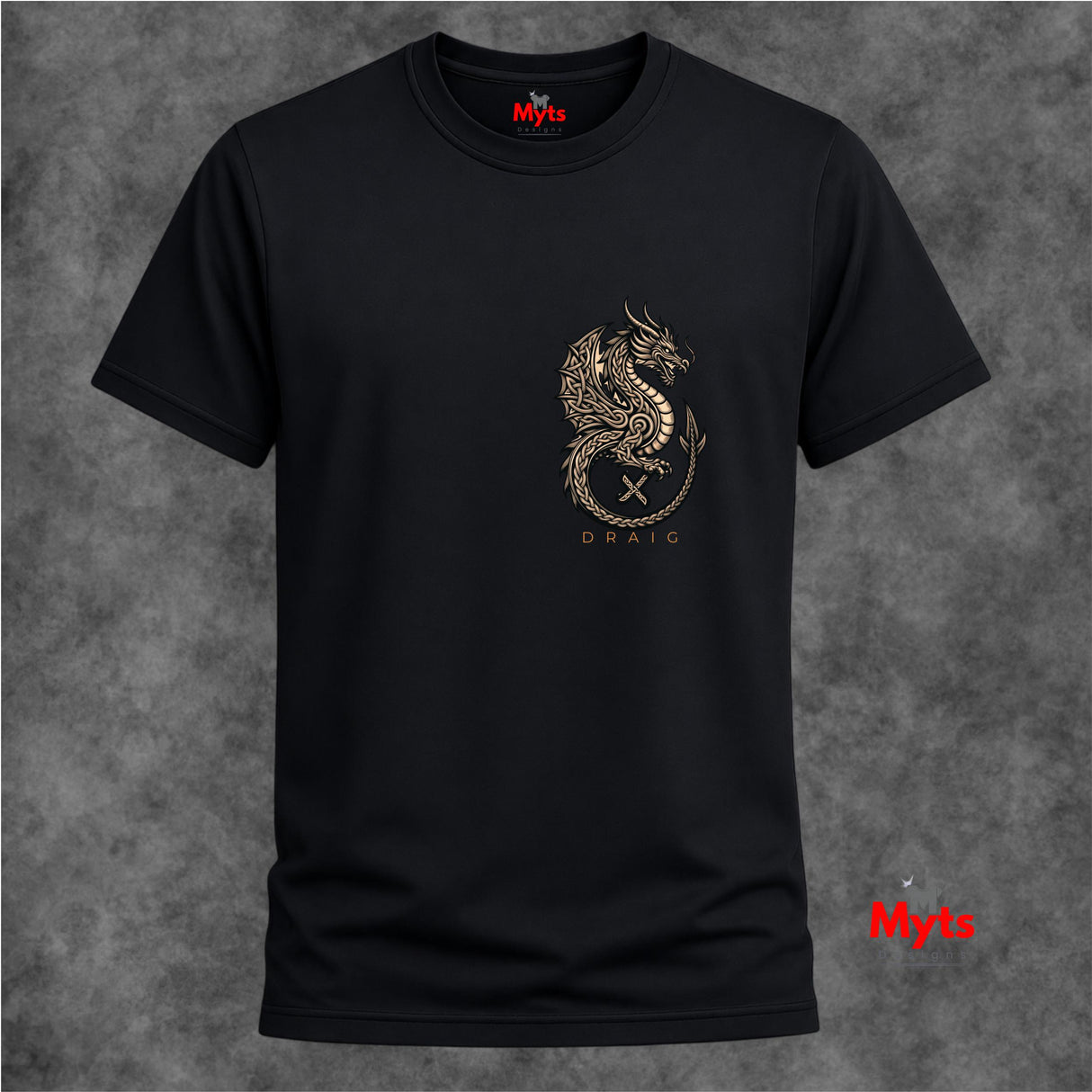 A black short-sleeve crewneck t-shirt featuring a metallic gold dragon graphic on the chest with the name 'DRAIC' printed below it, displayed against a textured gray background.