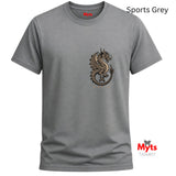 A grey short-sleeve crewneck t-shirt featuring a detailed metallic gold and black dragon graphic on the left chest. The brand name 'Myts' is printed inside the collar, and a 'Myts Designs' logo is visible in the bottom right corner.