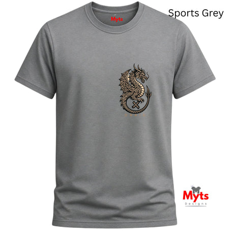 A grey short-sleeve crewneck t-shirt featuring a detailed metallic gold and black dragon graphic on the left chest. The brand name 'Myts' is printed inside the collar, and a 'Myts Designs' logo is visible in the bottom right corner.