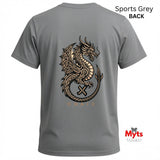 A grey short-sleeve t-shirt shown from the back, featuring a large metallic gold and black dragon graphic with the word 'DRAG' underneath. The text 'Sports Grey BACK' is visible in the top right corner, and the 'Myts Designs' logo is in the bottom right corner.