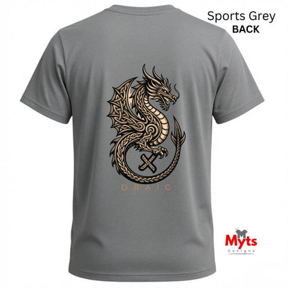 A grey short-sleeve t-shirt shown from the back, featuring a large metallic gold and black dragon graphic with the word 'DRAG' underneath. The text 'Sports Grey BACK' is visible in the top right corner, and the 'Myts Designs' logo is in the bottom right corner.