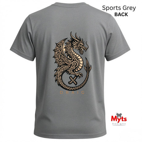 A grey short-sleeve t-shirt shown from the back, featuring a large metallic gold and black dragon graphic with the word 'DRAG' underneath. The text 'Sports Grey BACK' is visible in the top right corner, and the 'Myts Designs' logo is in the bottom right corner.