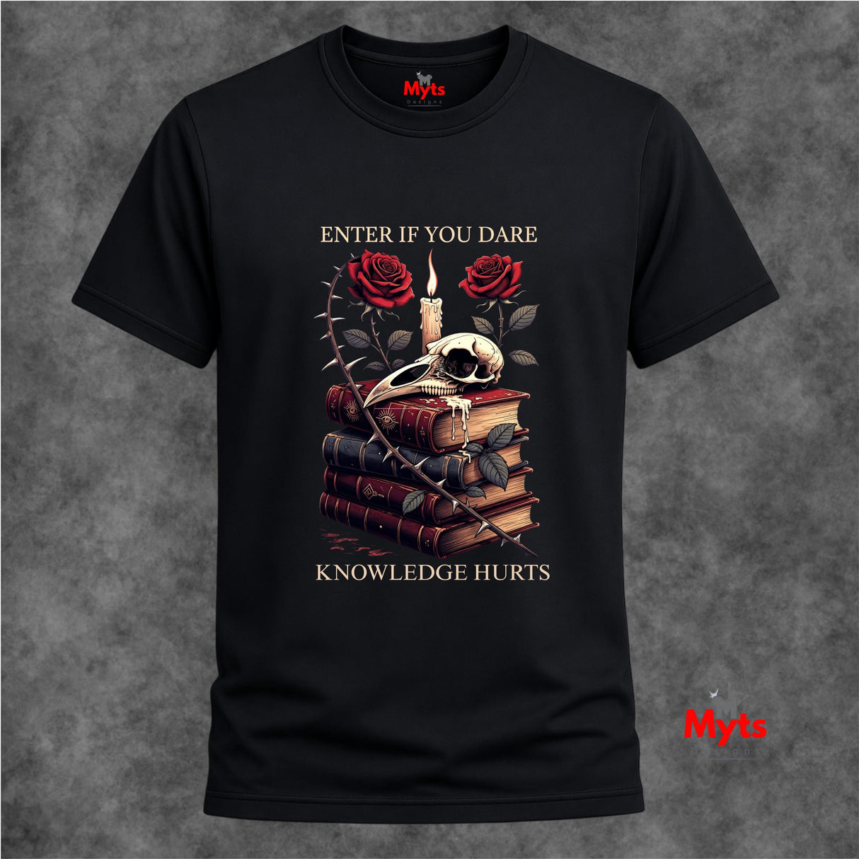 Enter If You Dare Gothic Book Skull Graphic T-Shirt