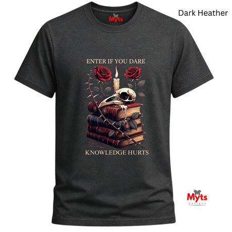 Dark Heather t-shirt with skull, books, and roses design on a white background