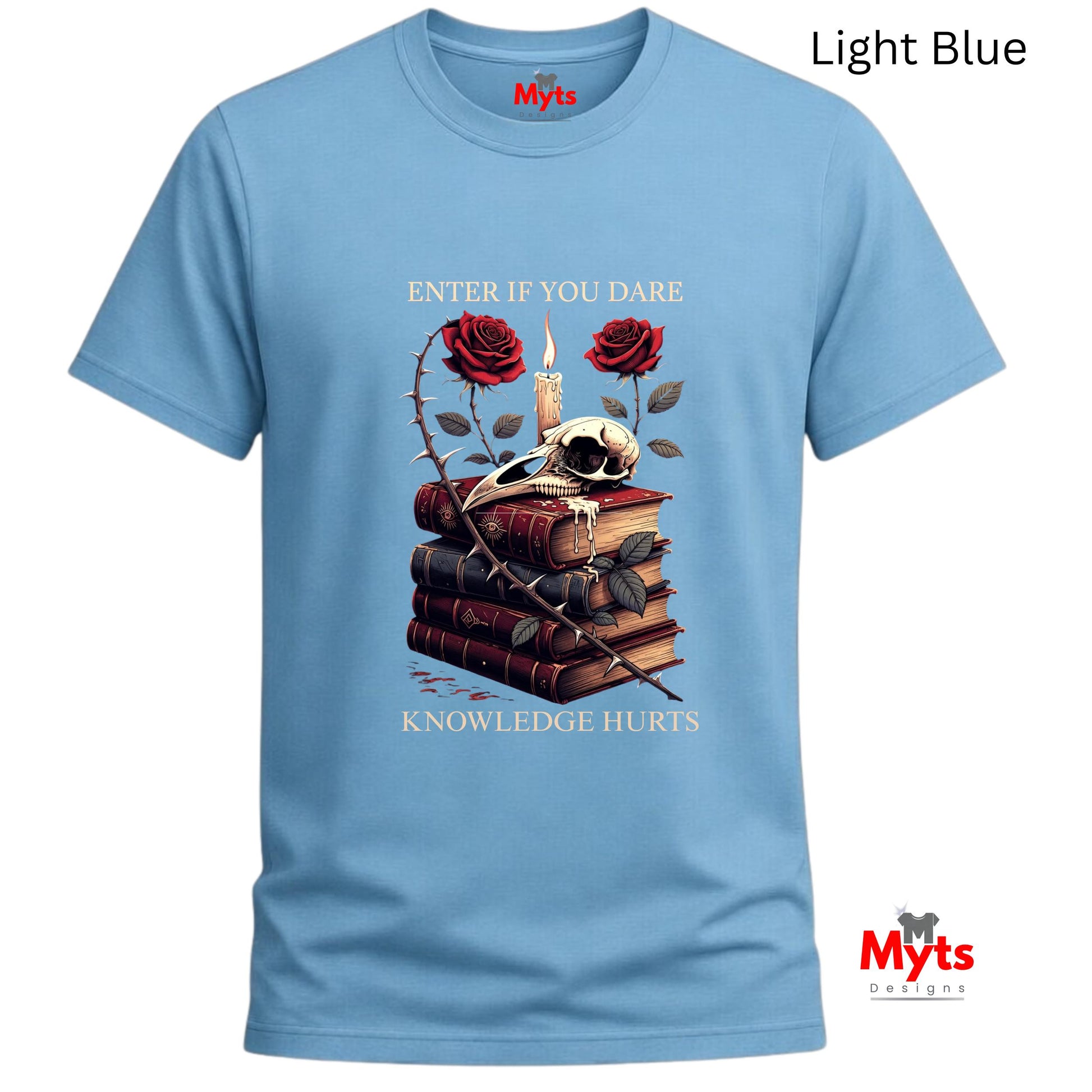 Light blue t-shirt with skull, books, and roses design on a white background