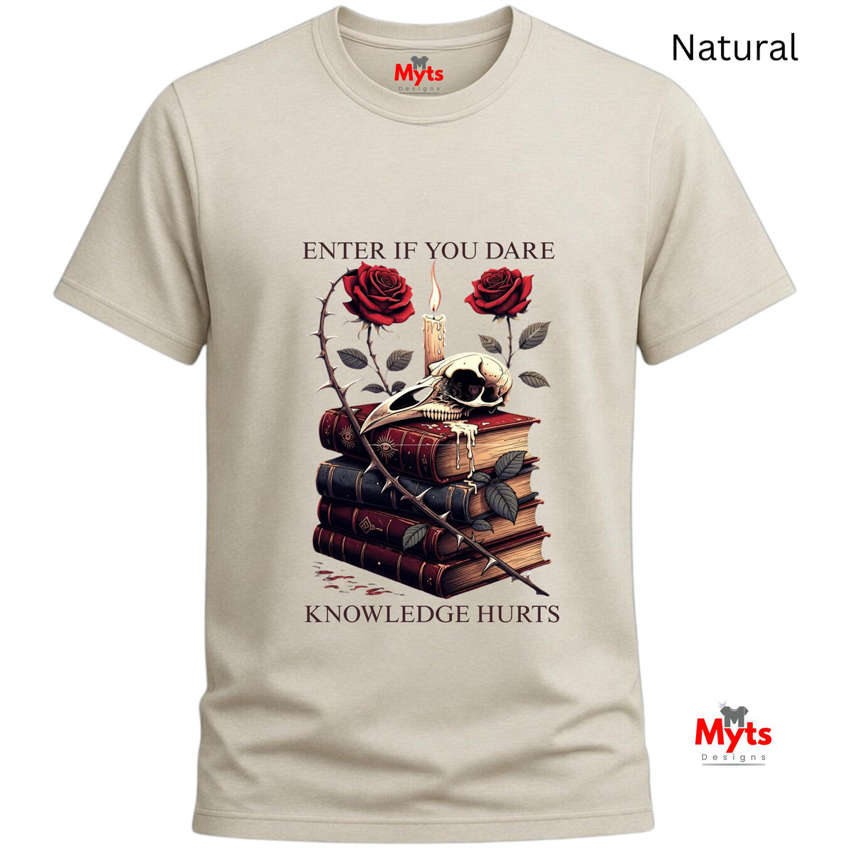 Natural t-shirt with skull, books, and roses design on a white background