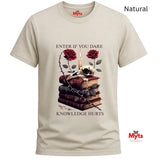 Natural t-shirt with skull, books, and roses design on a white background