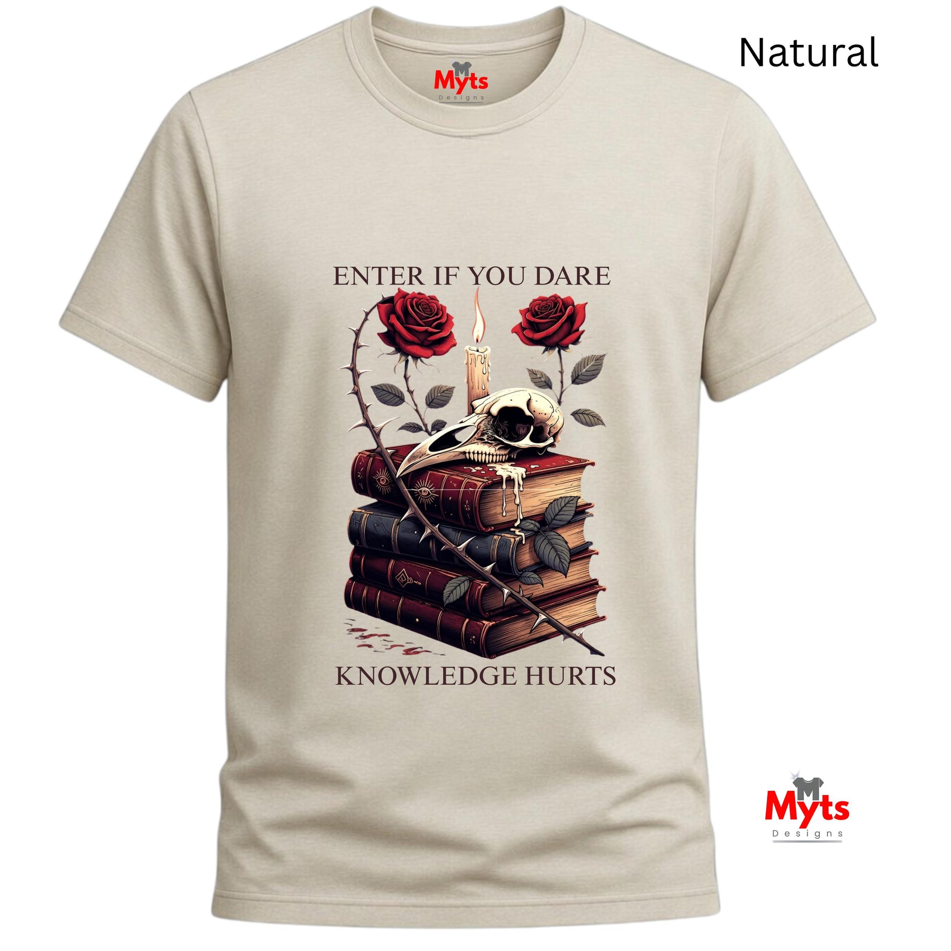 Natural t-shirt with skull, books, and roses design on a white background