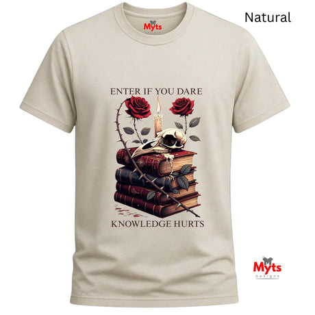 Natural t-shirt with skull, books, and roses design on a white background