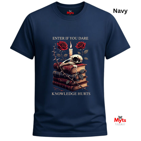 Navy blue t-shirt with skull, books, and roses design on a white background