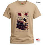 Sand t-shirt with skull, books, and roses graphic design on a white background