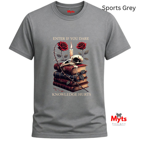 Sports Gray t-shirt with skull, books, and roses design on a white background