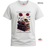 White t-shirt with a graphic design of books, roses, and text on a white background