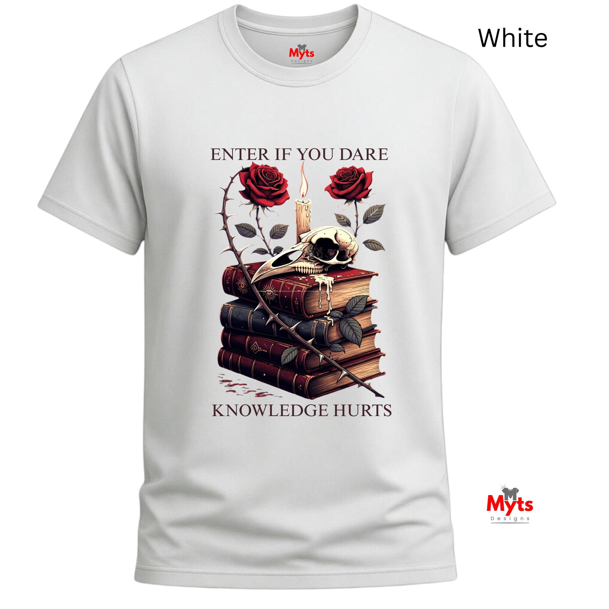 White t-shirt with a graphic design of books, roses, and text on a white background