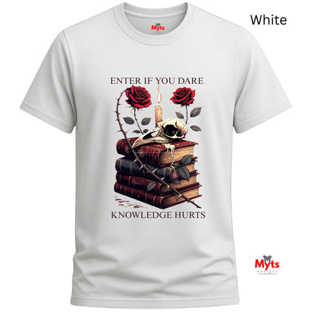 White t-shirt with a graphic design of books, roses, and text on a white background