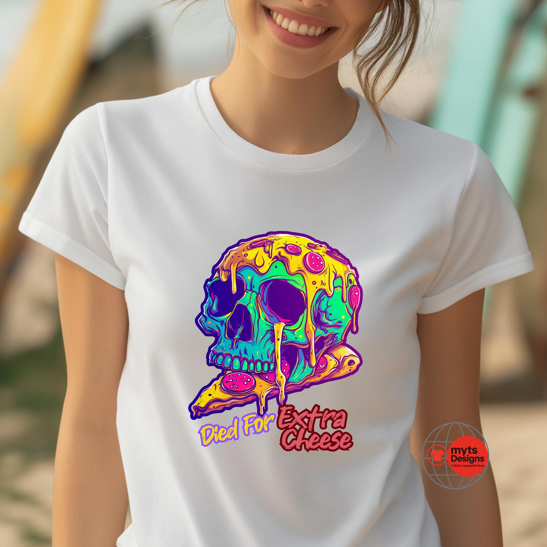 Person wearing a white t-shirt with a colorful skull design and text.
