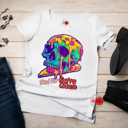White t-shirt with a colorful skull and pizza design on a wooden surface.