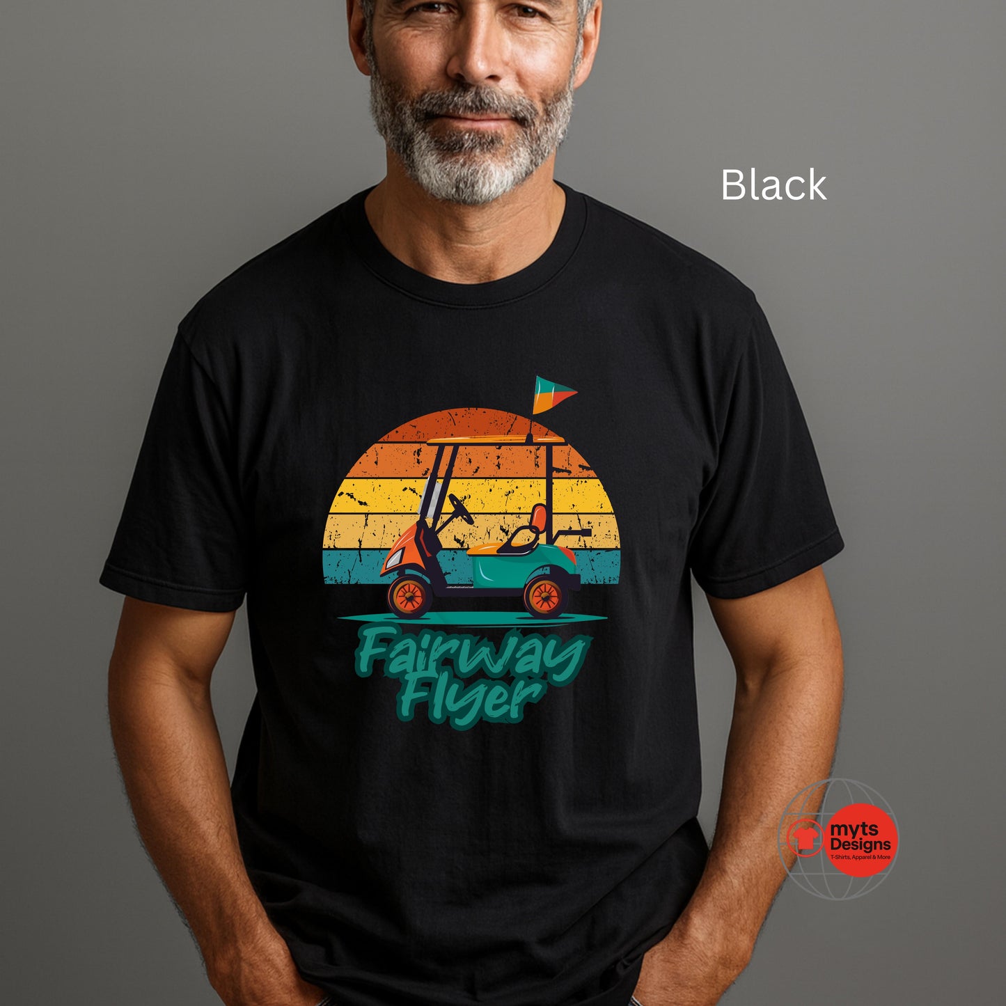 Man wearing a black t-shirt with 'Fairway Flyer' graphic design on a gray background