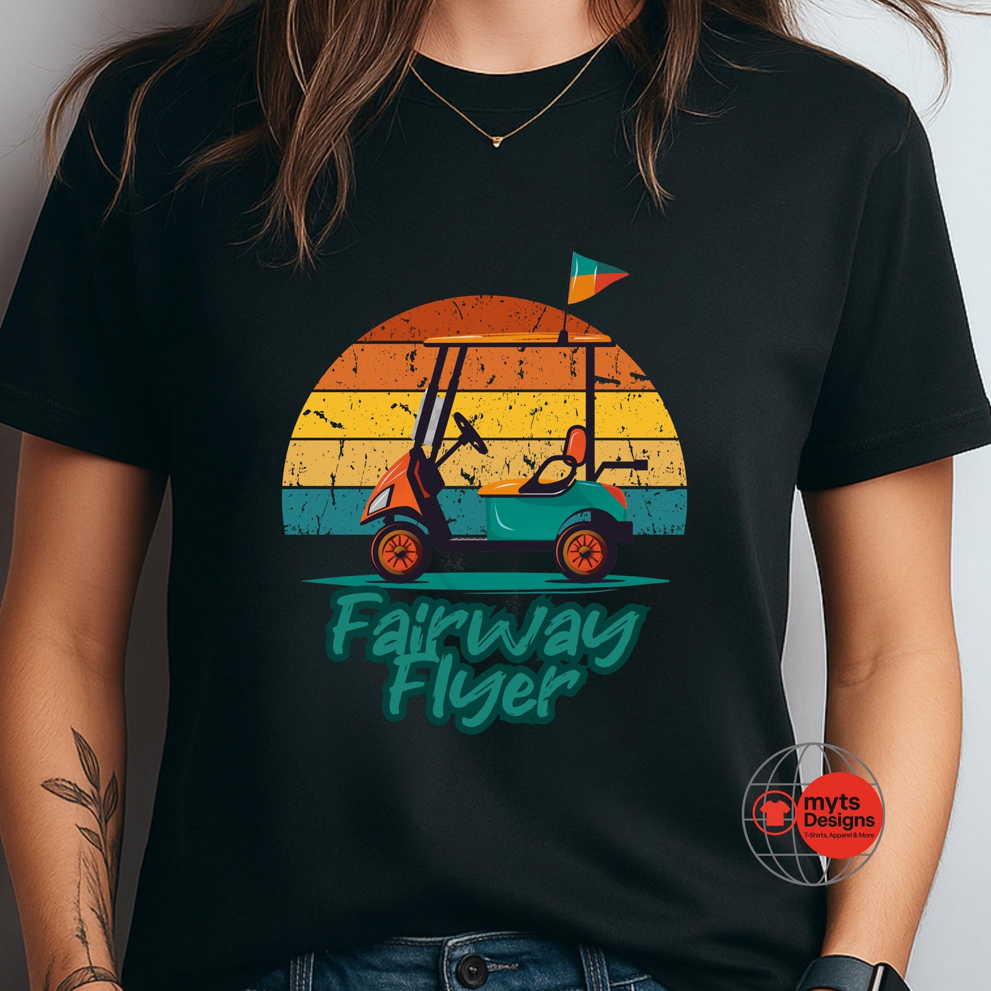 Black t-shirt with 'Fairway Flyer' graphic design featuring a golf cart and sunset.