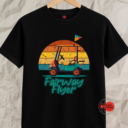 Black t-shirt with 'Fairway Flyer' graphic design on a textured gray background