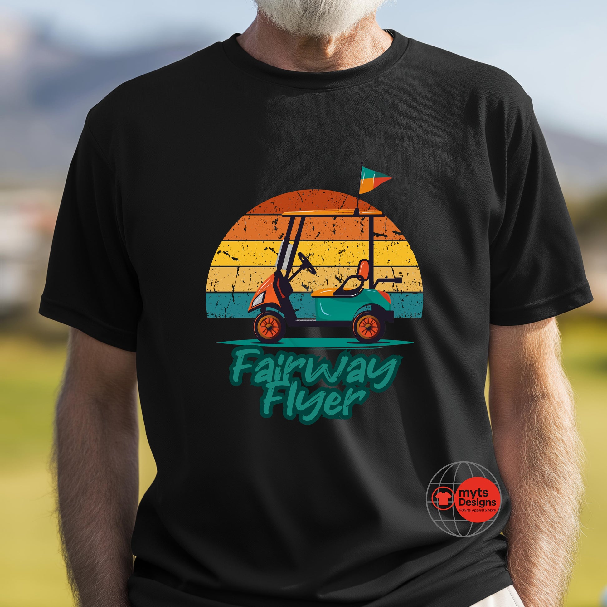 Person wearing a black t-shirt with a colorful graphic and 'Fairway Flyer' text.