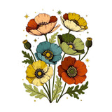 A stylized floral illustration featuring six poppy-like flowers in orange, yellow, teal, and cream tones with green leaves and stems on a plain white background.