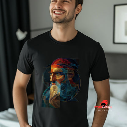 Man wearing a black t-shirt with a colorful graphic design, standing in a room.